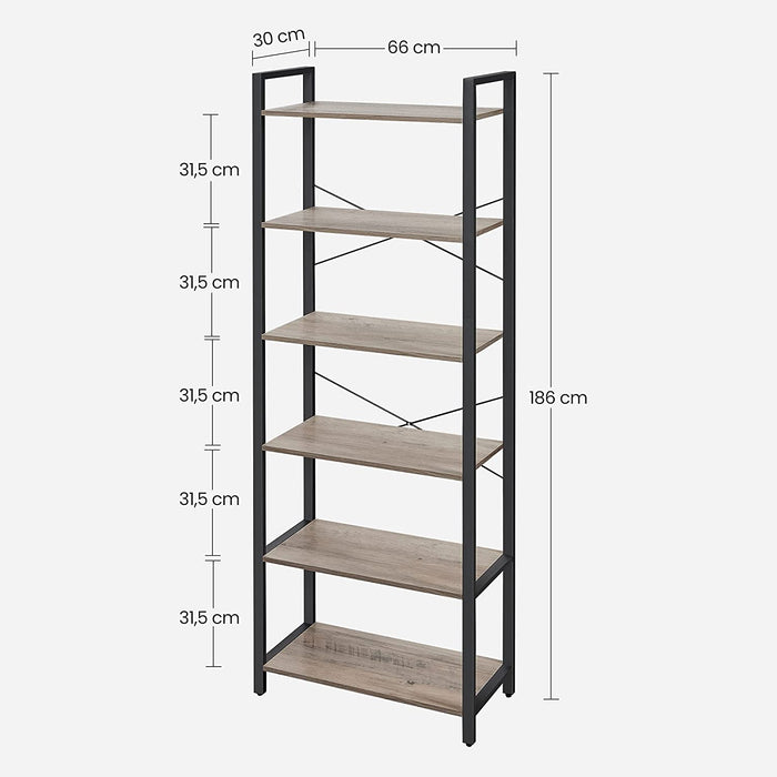 Bücherregal mit 6 Ebenen, Aufbewahrungsregal, Stahlgestell, für Wohnzimmer, Arbeitszimmer, Büro und Flur, 66 x 30 x 186 cm, Greige-schwarz