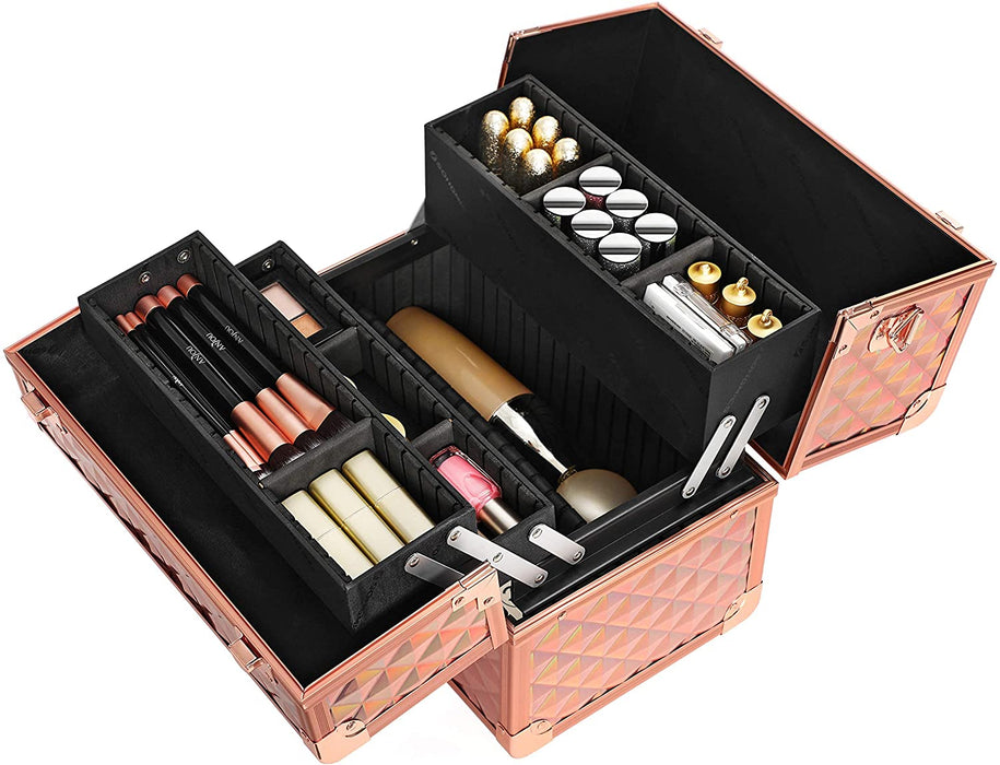 Kosmetikkoffer Schminkkoffer, Make-up Aufbewahrung, Organizer für die Reise, für Friseure und Visagisten, abschließbare Box mit Tragegurt, roségold