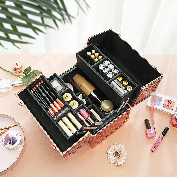 Kosmetikkoffer Schminkkoffer, Make-up Aufbewahrung, Organizer für die Reise, für Friseure und Visagisten, abschließbare Box mit Tragegurt, roségold