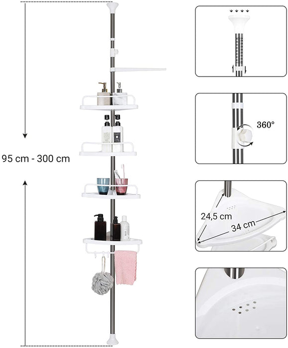 Duschregal höhenverstellbar, Eckregal fürs Badezimmer, Badregal, 95-300 cm, Boden bis Decke, Edelstahl, 4 Ablagen, 3 Haken, 1 Handtuchhalter