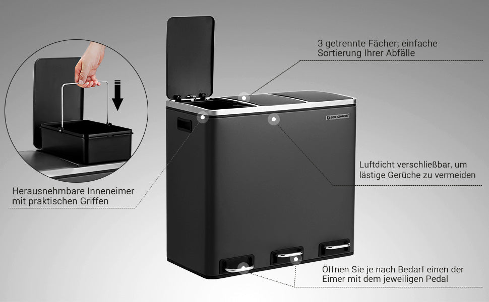 Mülleimer für die Küche, Mülltrennsystem, 3 x 18 L, Treteimer mit 3 Fächern, Abfalleimer, Softclose, mit Fußpedalen, Inneneimern aus Kunststoff