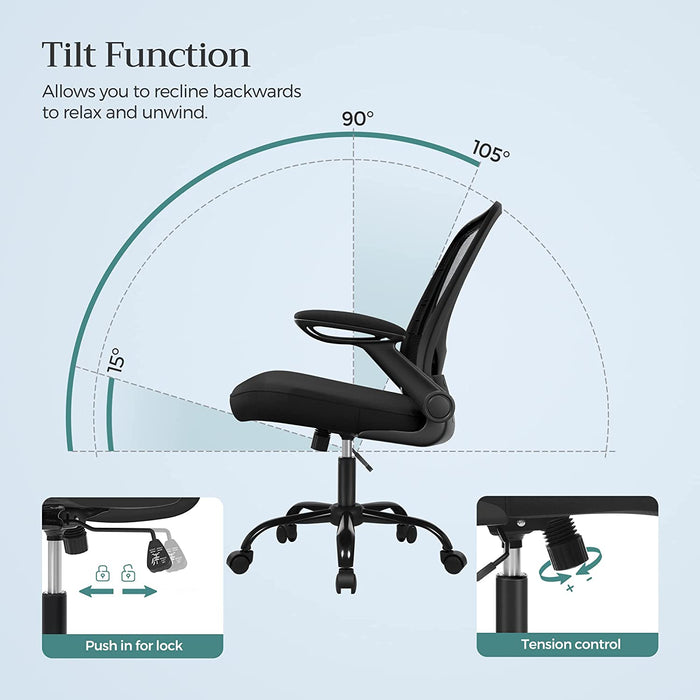 Bürostuhl mit hochklappbaren Armlehnen, Schreibtischstuhl mit Netzbespannung, ergonomischer Computerstuhl, 360° Drehstuhl, verstellbare Lendenstütze