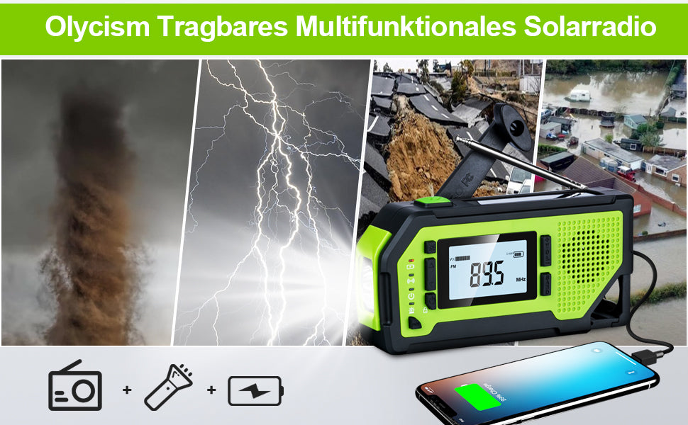 Kurbelradio mit LCD-Display und 2000mAh Wiederaufladbare Batterie Solar Radio Tragbar Notfallradio mit Handkurbel Solar Power Bank Aufziehbares Licht mit SOS Alarm Karabiner Kopfhöreranschluss