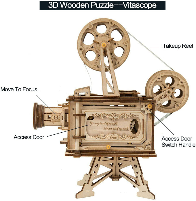 Vitascope Holzpuzzle, Mechanische Modellbausätze, Technischer Modellbausatz, Hand-Generator Klassischer Filmprojektor für Erwachsene und Jugendliche