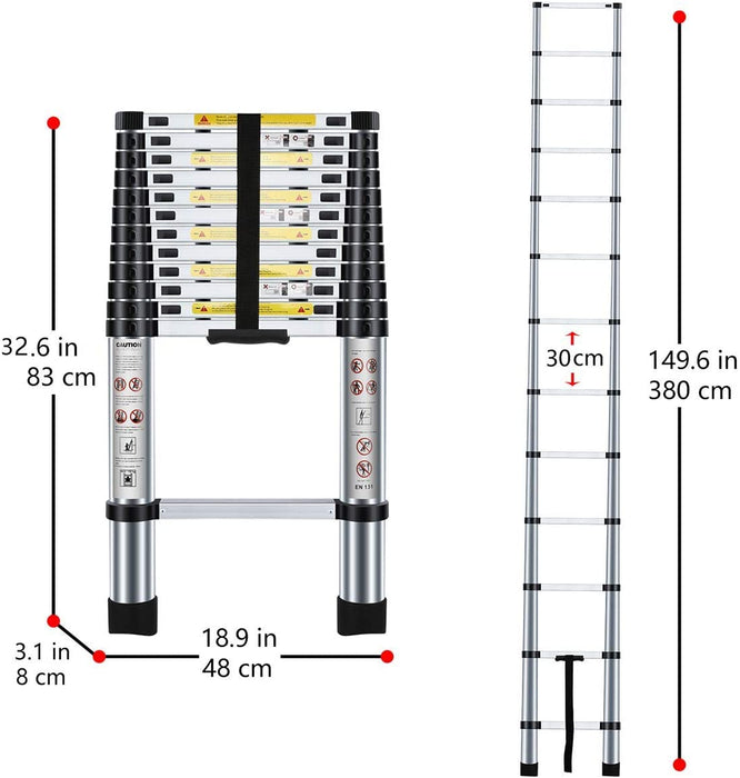 Teleskopleiter 3,8m, Leiter Ausziehbar Aluminium, Mehrstufiger Sicherheitsschalter, Maximale Belastung 150 kg