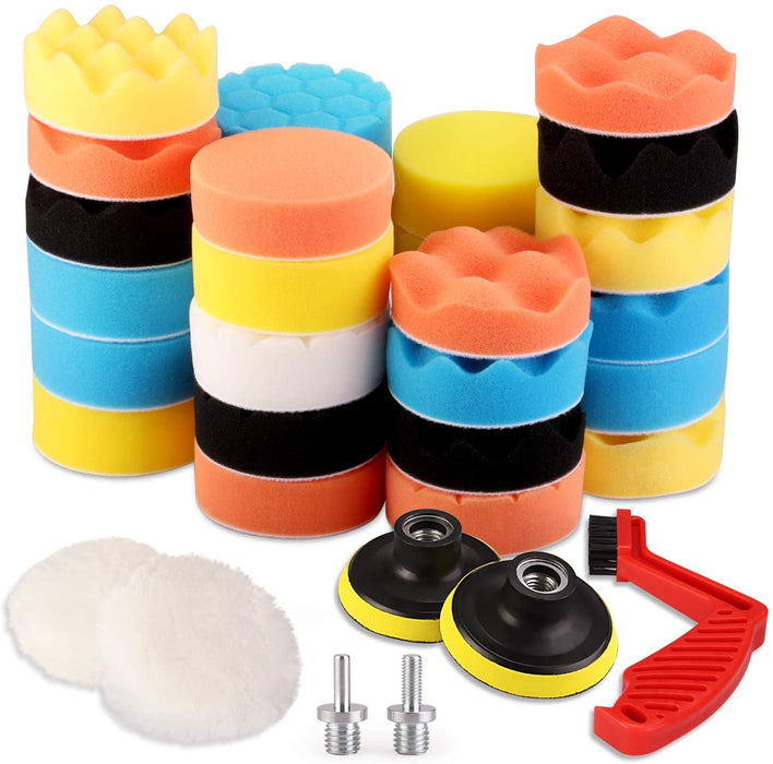 Polierschwamm, 33tlg 80mm Polierschwämme Polieren Pad Schwamm Set Polierpad Polierscheibe Set und Polierfell Polierset Polierteller für Bohrmaschine