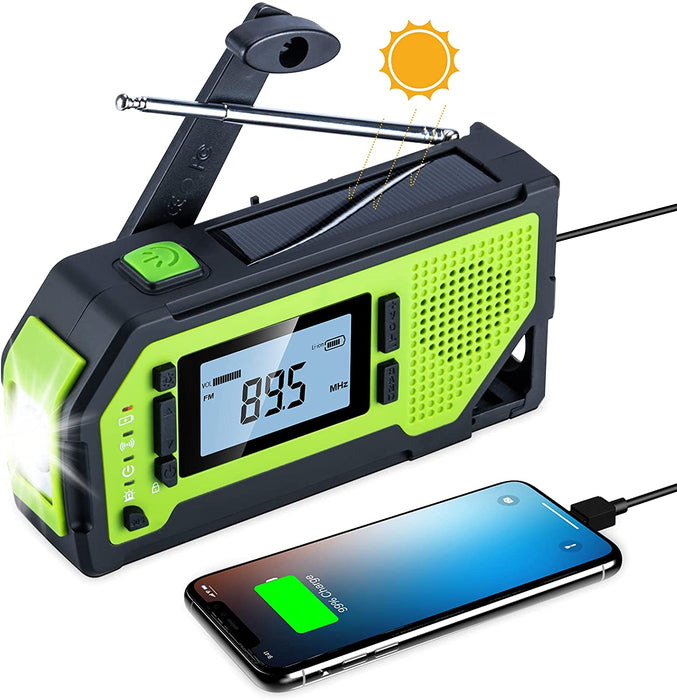 Kurbelradio mit LCD-Display und 2000mAh Wiederaufladbare Batterie Solar Radio Tragbar Notfallradio mit Handkurbel Solar Power Bank Aufziehbares Licht mit SOS Alarm Karabiner Kopfhöreranschluss