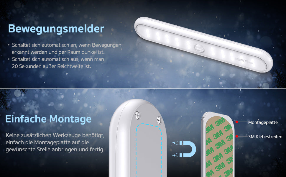 Unterbauleuchte Küche - 2er Pack 20-LED Küchenlampe Mit Schalter, 3 Modi und eingebautem Magnet Schranklicht - LED Bewegungsmelder Schrankleuchte