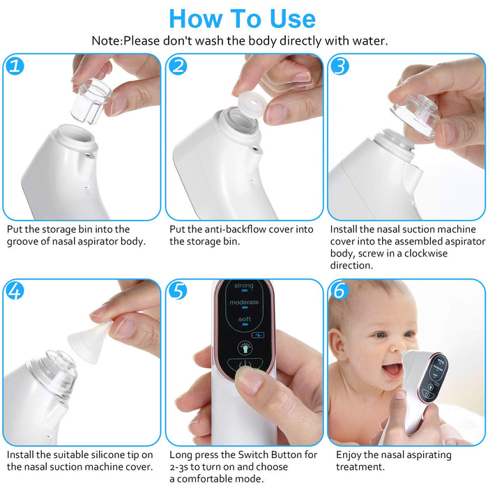 Nasensauger Baby Nasal Aspirator USB Aufladen, 3 Einstellbare Saugstufen, 4 Größen Medizinisches Silikon Tipps, LED Licht, für Neugeborene, Säuglinge