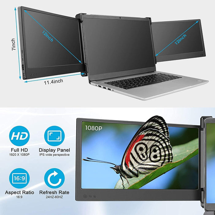 Tragbarer Monitor für Laptop, 12" Full HD 1080p IPS Display, Dual Triple Monitor Screen Extender, Kompatibel mit 13"-16" Mac Windows Chrome Laptops