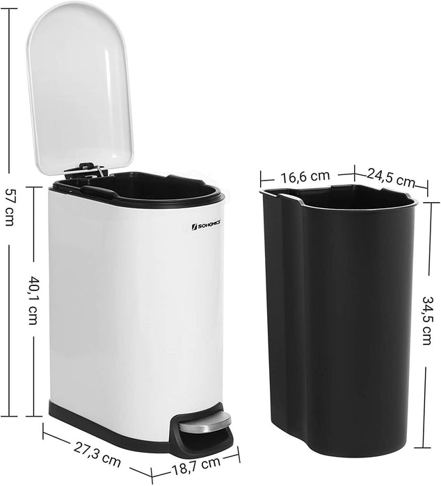 Mülleimer, Kosmetikeimer aus Stahl, 10 Liter, schmaler Treteimer mit Inneneimer, fürs Badezimmer, Softclose, Abfalleimer für die Nische, weiß