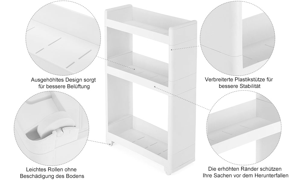 Nischenwagen schmal in Weiß mit 3 Ablagefächern Nischenschrank mit Rollen für Küche Bad Keller 17 cm breit