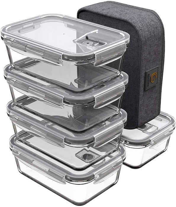 Lunchbox Bento Brotdose mit Lunchtasche/Frischhaltedosen Glas perfekt für Meal Prep - BPA frei für Home Küche oder den Gebrauch unterwegs(5 * 840ml)