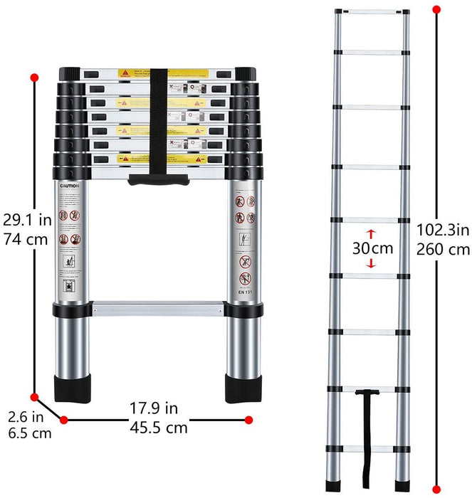 Teleskopleiter 2,6m, Leiter Ausziehbar Aluminium, Mehrstufiger Sicherheitsschalter, Maximale Belastung 150 kg