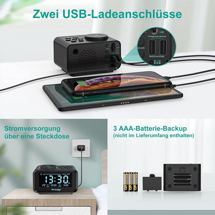 Radiowecker, REACHER FM Digitaler Wecker mit USB-Anschlüssen,Dual-Alarm,6 Wecker Geräusche,0-100% Dimmer, Schlummerfunktion, Thermometer Anzeige