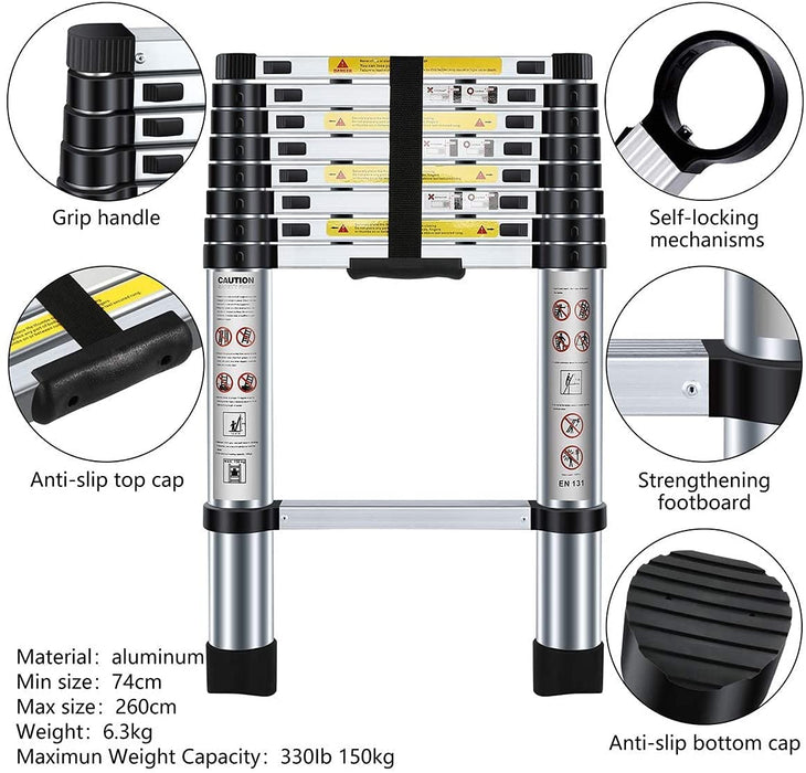 Teleskopleiter 2,6m, Leiter Ausziehbar Aluminium, Mehrstufiger Sicherheitsschalter, Maximale Belastung 150 kg