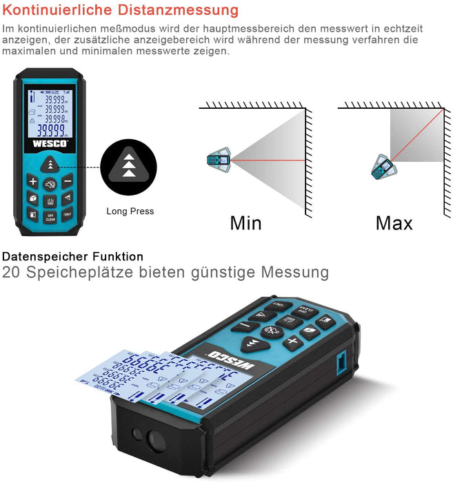 Laser Entfernungsmesser, WESCO Distanzmessgerät, Messbereich 0.03~40m/±1.5mm, Messeinheit M/In/Ft, 20 Datenspeicherfunktion, Automatische Berechnung