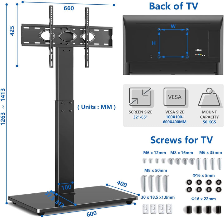 TV Ständer TV Bodenständer für 32-65 Zoll Fernseher, TV Standfuss Freistehend Fernsehständer Max. VESA 600x400 mm Höhenverstellbar Schwenkbar