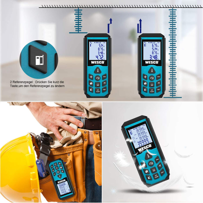 Laser Entfernungsmesser, WESCO Distanzmessgerät, Messbereich 0.03~40m/±1.5mm, Messeinheit M/In/Ft, 20 Datenspeicherfunktion, Automatische Berechnung