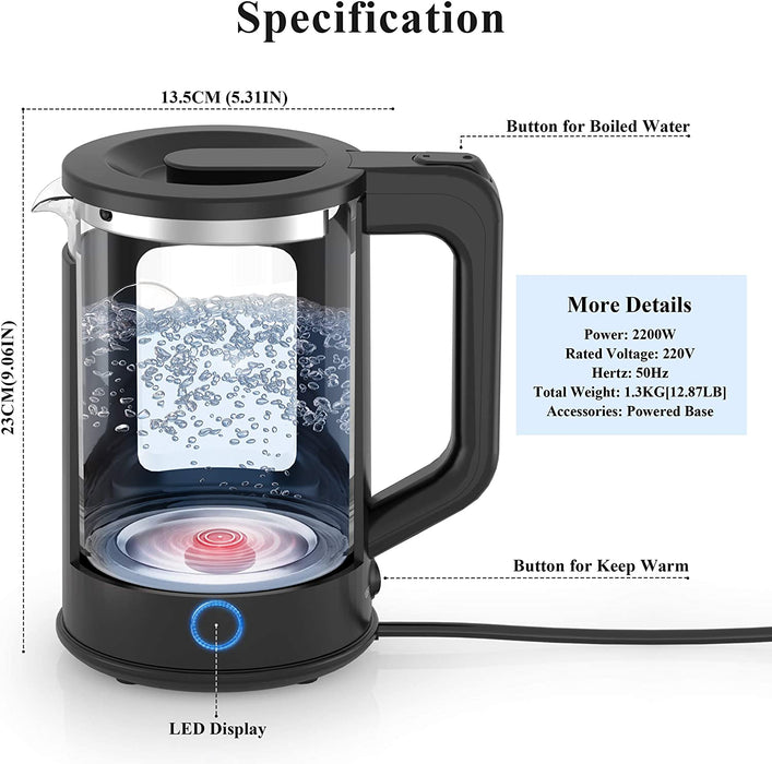 Wasserkocher,1,7 L Glaswasserkocher Schnurlos mit LED-Anzeigelampen, 3000W tragbarem Elektro-Warmwasserkessel, automatischem Abschaltschutz