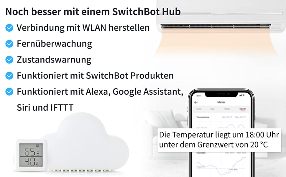 SwitchBot Thermometer Hygrometer Hygrometer Wireless Indoor Feuchtigkeitssensor Add Hub Plus / Mini kompatibel mit Alexa, Google Home, HomePod, IFTTT