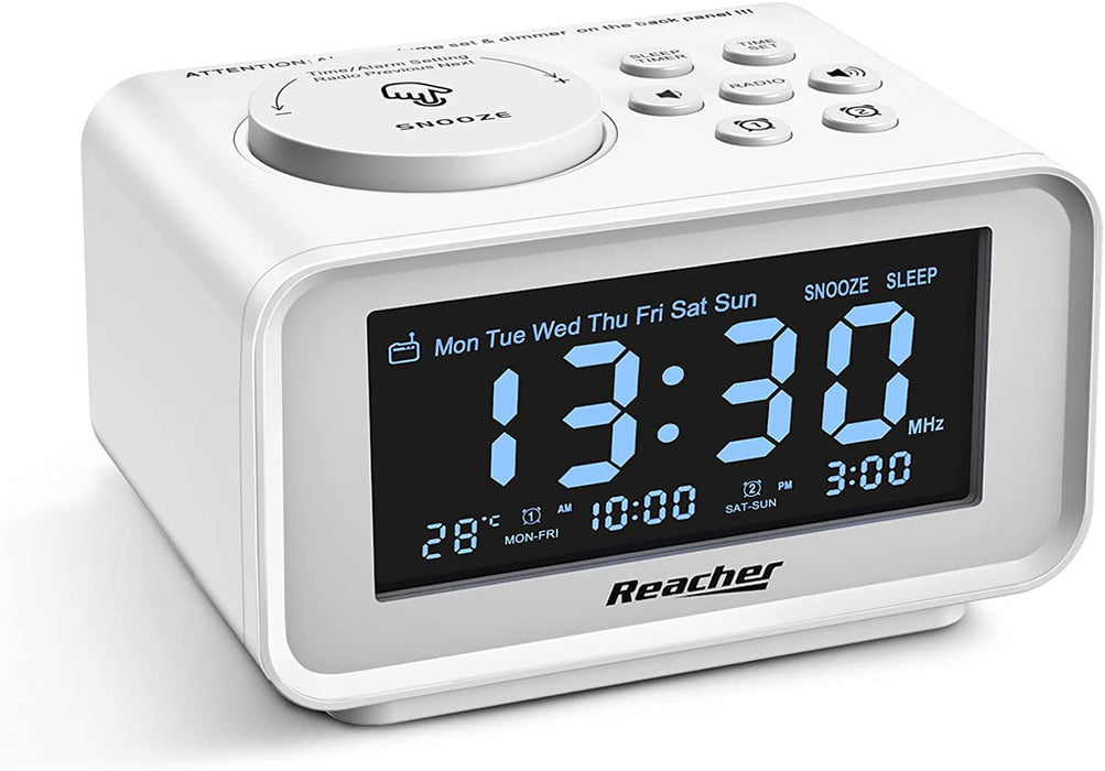 REACHER FM Radiowecker mit USB-Anschlüssen, Dual Alarm mit Wochentag/Wochenend, 6 Weckergeräusche, Anpassbare Helligkeitsregulierung