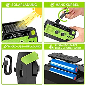 Solarradio, Kurbelradio, Tragbares AM/FM-Radio Wiederaufladbares Dynamo 4000 mAh Radio mit heller Taschenlampe, Bewegungssensor-Leselampe