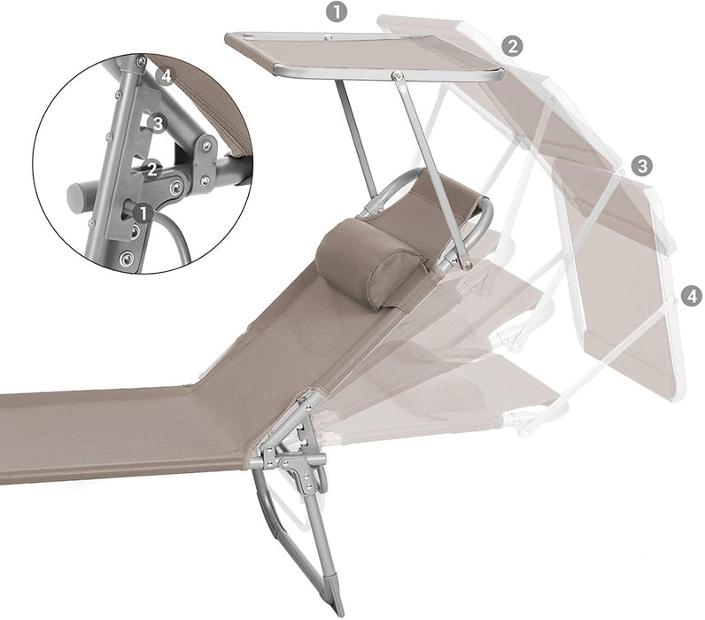 Sonnenliege, Liegestuhl, Gartenliege, mit Kopfstütze und Sonnendach, Rückenlehne verstellbar, leicht, klappbar, 53 x 193 x 29,5 cm, bis 150 kg