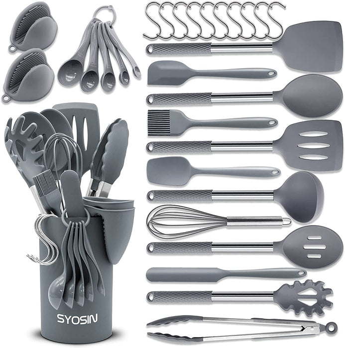 Silikon Kochgeschirr Set, 30 Teiliges Silikon Küchenhelfer - Antihaft, Hitzebeständiger Silikonspatel Set, BPA Frei, Silikongriff aus Edelstahl