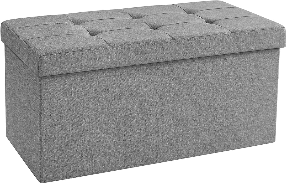 Sitzbank mit Stauraum, Sitztruhe, Sitzhocker, Aufbewahrungsbox, Fußablage, faltbar, belastbar 300 kg, 80 L, 76 x 38 x 38 cm, Leinenimitat, hellgrau