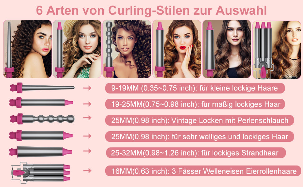 Lockenstab Set, 6 in 1 Austauschbarer 6 Fässer Curling Iron Welleisen Multifunktions Keramikbeschichtung Lockenstäbe Erbrühschutzkopf