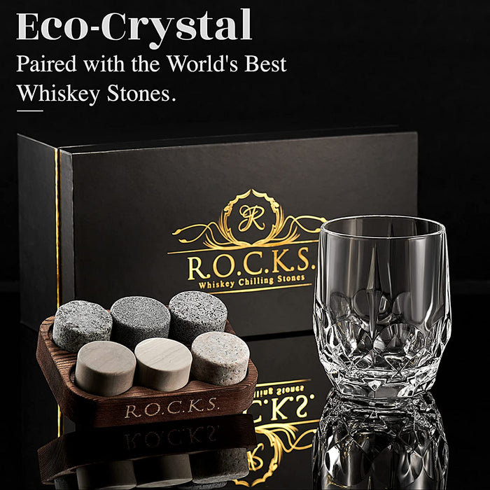 Whiskey Steine & Umweltfreundliches Kristall Whisky Glas Geschenkset - 6 Handgefertigte Runde Granit Kühlsteine - Whiskey Glas Iconic aus Europa