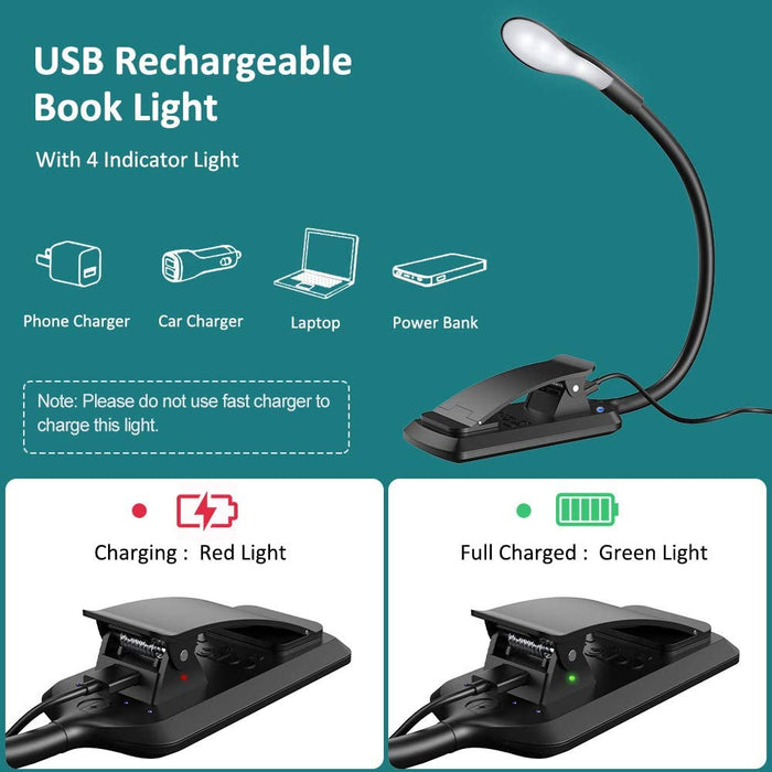 Leselampe Buch Klemme, Touch Switch Klemmlampe USB Wiederaufladbar, 7 LEDs Buchlampe mit 3 Farbtemperatur, 360° Flexibel Augenschutz Mini Dimmbar