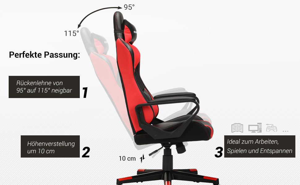 Gaming Stuhl, Schreibtischstuhl, Computerstuhl, Bürostuhl, abnehmbare Kopfstütze, Lendenkissen, höhenverstellbar, Wippfunktion, bis 150 kg belastbar