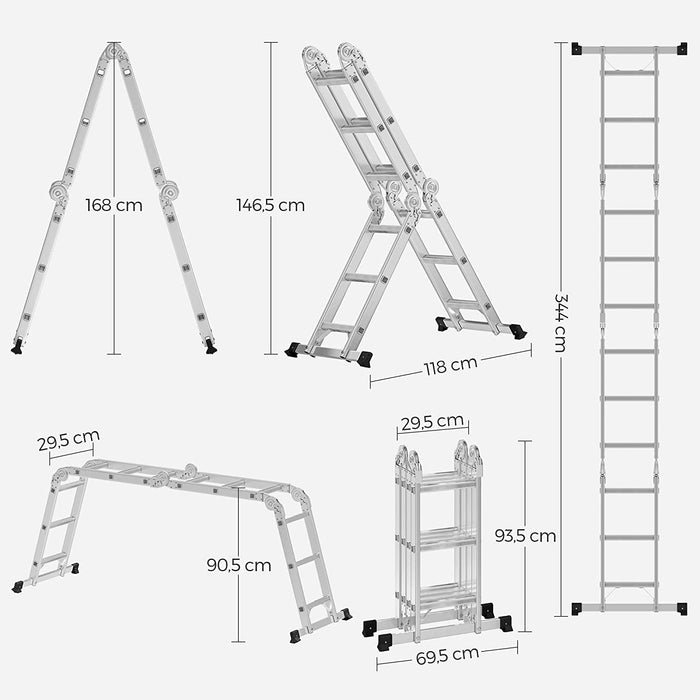 Leiter, Mehrzweckleiter 3,5 m, Trittleiter, Aluleiter, Haushaltsleiter, bis 150 kg, 12 Stufen mit 2 Gerüstplatten, entspricht EN 131, von SGS geprüft