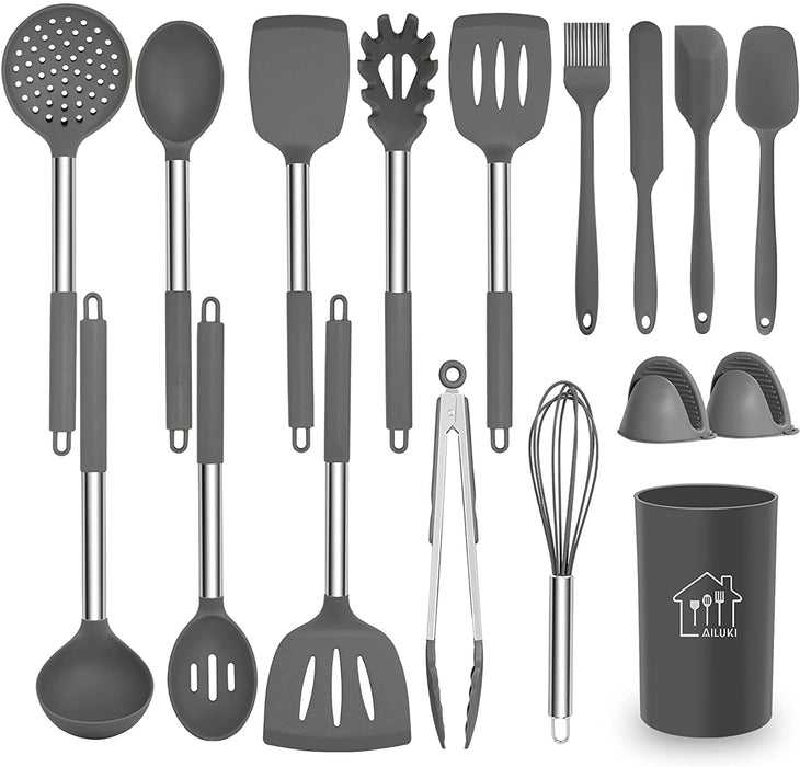 Silikon Kochgeschirr Set, Küchengerät 17 teiliges Küchenhelfer Set, Antihaft Hitzebeständiger Silikonspatel Set, Küchenutensilien mit Edelstahlgriff Grau