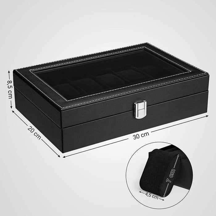 Uhrenbox mit 12 Fächern, Uhrenkasten mit Glasdeckel, Uhrenkoffer mit herausnehmbaren Uhrenkissen, Premium-Uhrenschatulle, PU-Bezug in Schwarz