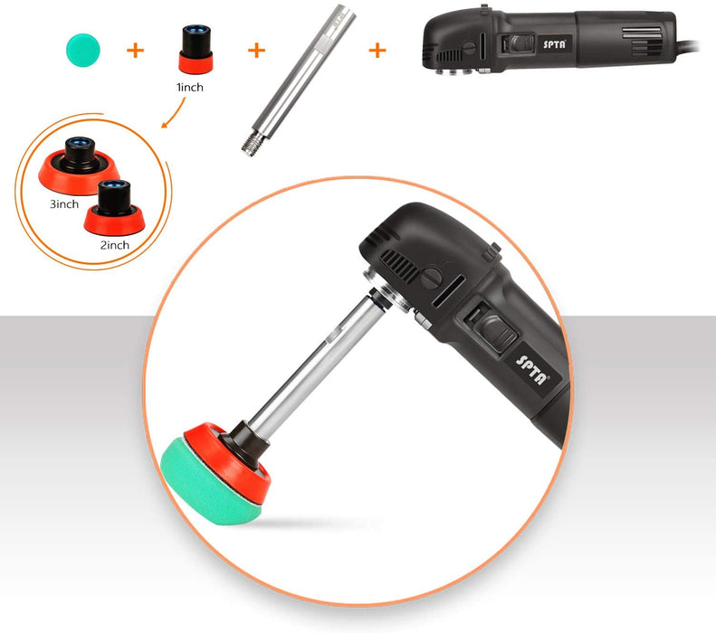 Mini Poliermaschine, SPTA 780W Polierer mit 6 Variable Geschwindigkeit, Seitengriff, 25/50/80mm Polierteller/Polierschwamm/Wollscheibe/Schleifpapier