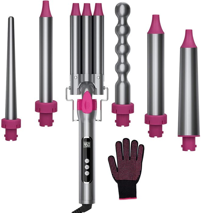 Lockenstab Set, 6 in 1 Austauschbarer 6 Fässer Curling Iron Welleisen Multifunktions Keramikbeschichtung Lockenstäbe Erbrühschutzkopf