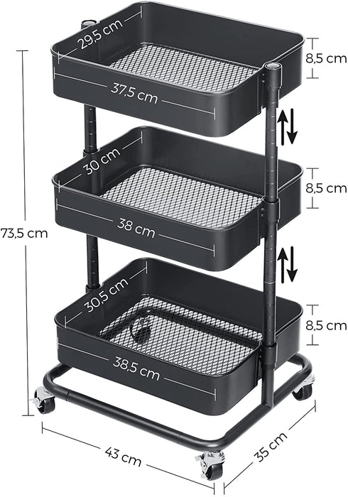 Rollwagen mit 3 Ebenen, Aufbewahrungswagen, Küchenregal mit Rollen, Ablagefächer höhenverstellbar, Servierwagen mit 2 Bremsen, einfache Montage