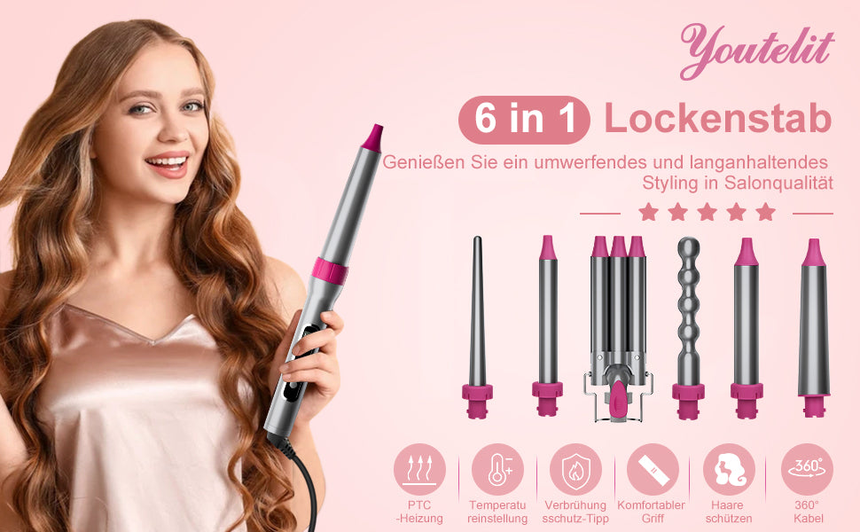 Lockenstab Set, 6 in 1 Austauschbarer 6 Fässer Curling Iron Welleisen Multifunktions Keramikbeschichtung Lockenstäbe Erbrühschutzkopf