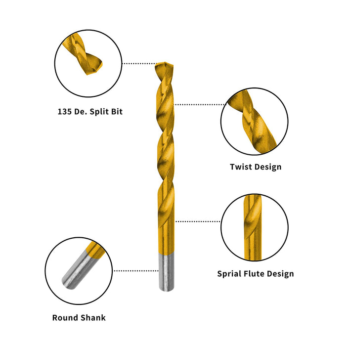 Metrisches 99-teiliges Titan-Spiralbohrer-Set, Schnellarbeitsstahl mit 135° Spitze, Größe von 1,5 mm bis 10 mm, Ideales Bohren