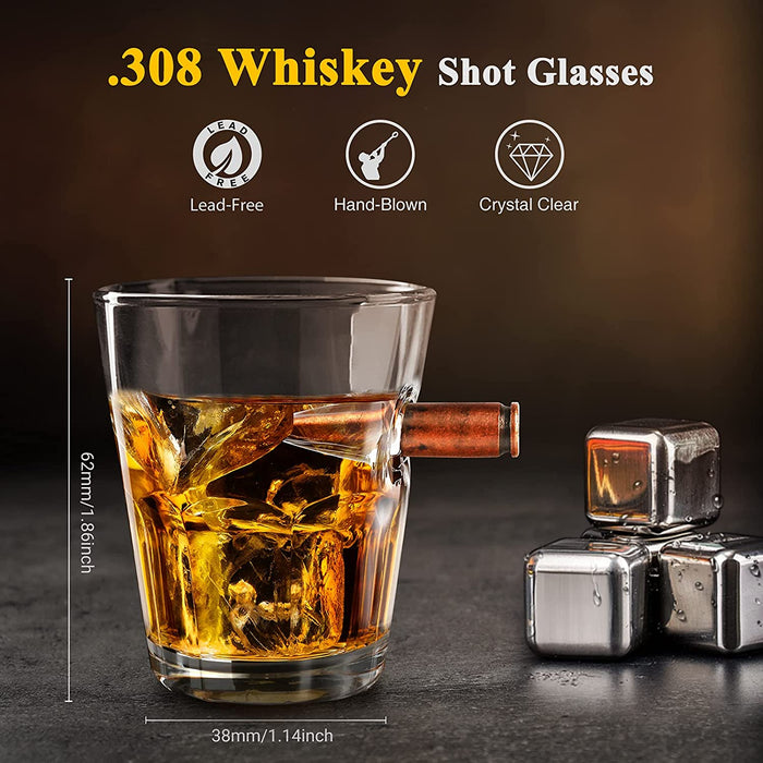 4er Schnapsgläser Shotgläser Set, Whiskey Gläser mit Realem Geschoß Cal.308, Shot Gläser, Kristall Whiskygläser-Set Geschenk für Tequila