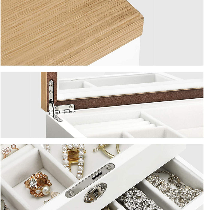 Schmuckkästchen mit 3 Ebenen, Schmuckkasten aus Holzwerkstoff, Schmuck-Organizer, Schmuckbox, mit Schubladen, für Ringe, Ohrringe, Armbänder und Halsketten, Weihnachten, weiß