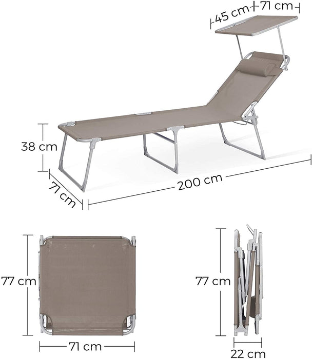 Sonnenliege, Liegestuhl, Gartenliege, extra groß, 71 x 200 x 38 cm, bis 150 kg belastbar, mit Kopfstütze und Sonnendach, Rückenlehne verstellbar