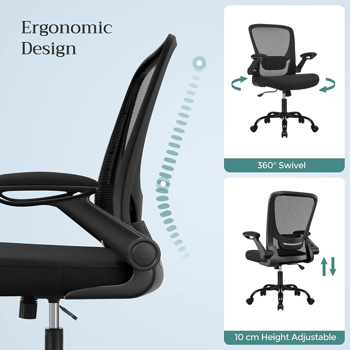 Bürostuhl mit hochklappbaren Armlehnen, Schreibtischstuhl mit Netzbespannung, ergonomischer Computerstuhl, 360° Drehstuhl, verstellbare Lendenstütze