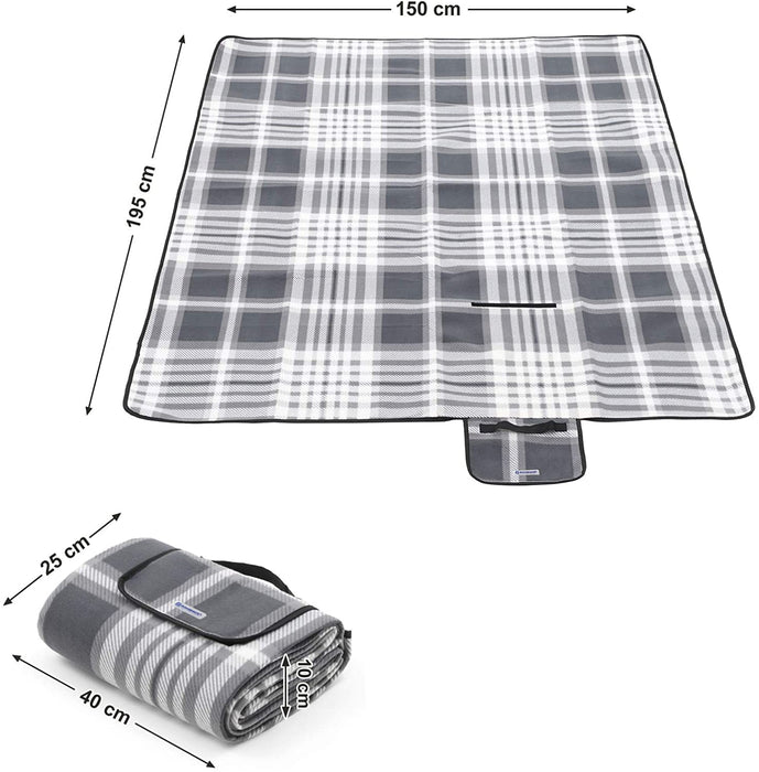 Picknickdecke, 195 x 150 cm, große Stranddecke, Campingdecke, für Outdoor, Camping, Park, Garten, Strand, wasserfeste Unterseite, faltbar, grau-weiß