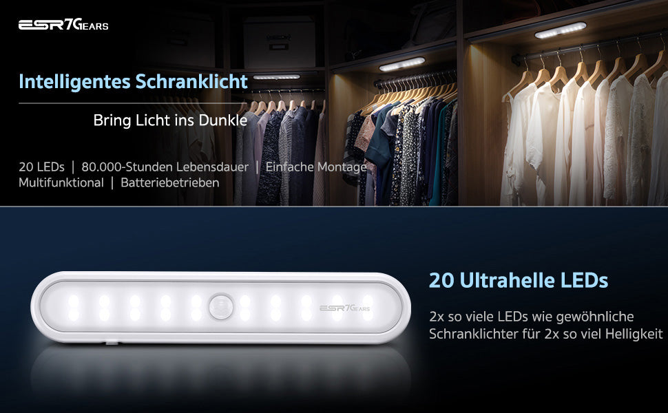 Unterbauleuchte Küche - 2er Pack 20-LED Küchenlampe Mit Schalter, 3 Modi und eingebautem Magnet Schranklicht - LED Bewegungsmelder Schrankleuchte