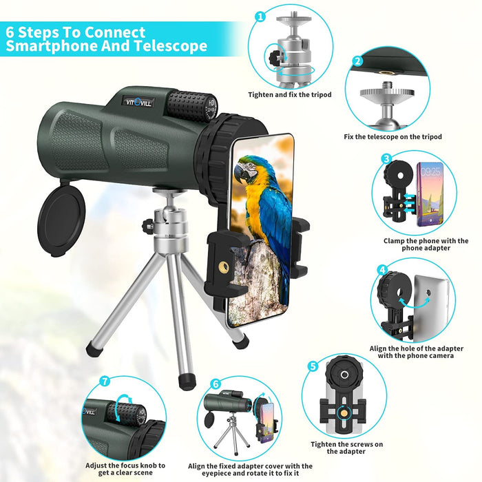 Monokular Teleskop, Vitovill 12x55 HD Starscope Monokulare Fernrohr Wasserdicht mit Smartphone Halter & Stativ, BAK4-Prisma und FMC, Teleskop