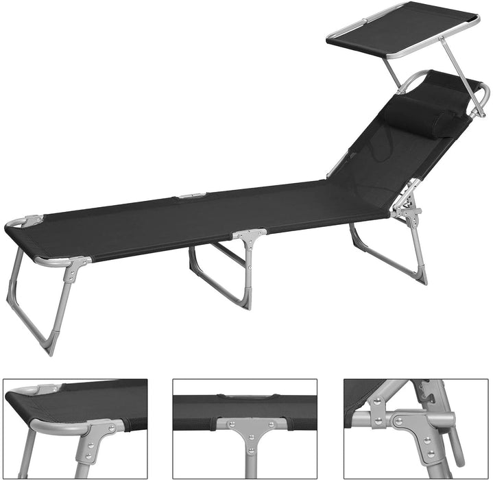 Sonnenliege, Liegestuhl, Gartenliege, mit Kopfstütze und Sonnendach, Rückenlehne verstellbar, leicht, klappbar, 53 x 193 x 29,5 cm, bis 150 kg